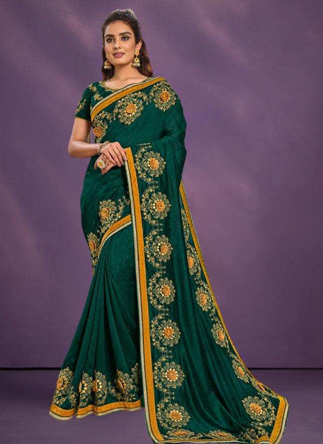 Silk Georgette Deep Green Wedding Wear Embroidery Work Saree